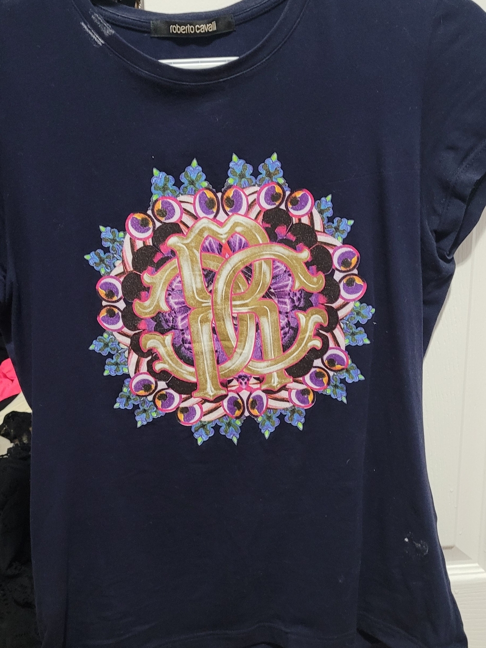 Roberto Cavalli Navy Multicolor Crest Logo Tee